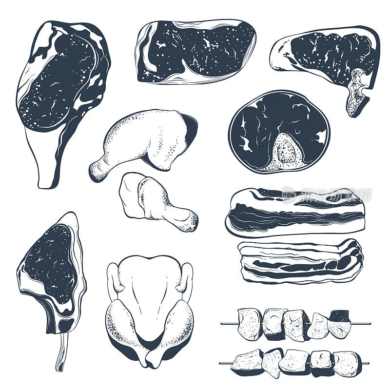Set of hand drawn raw meat products